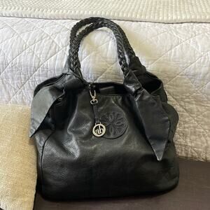 Audrey Brooke Black Leather Handbag with Braided Shoulder Straps